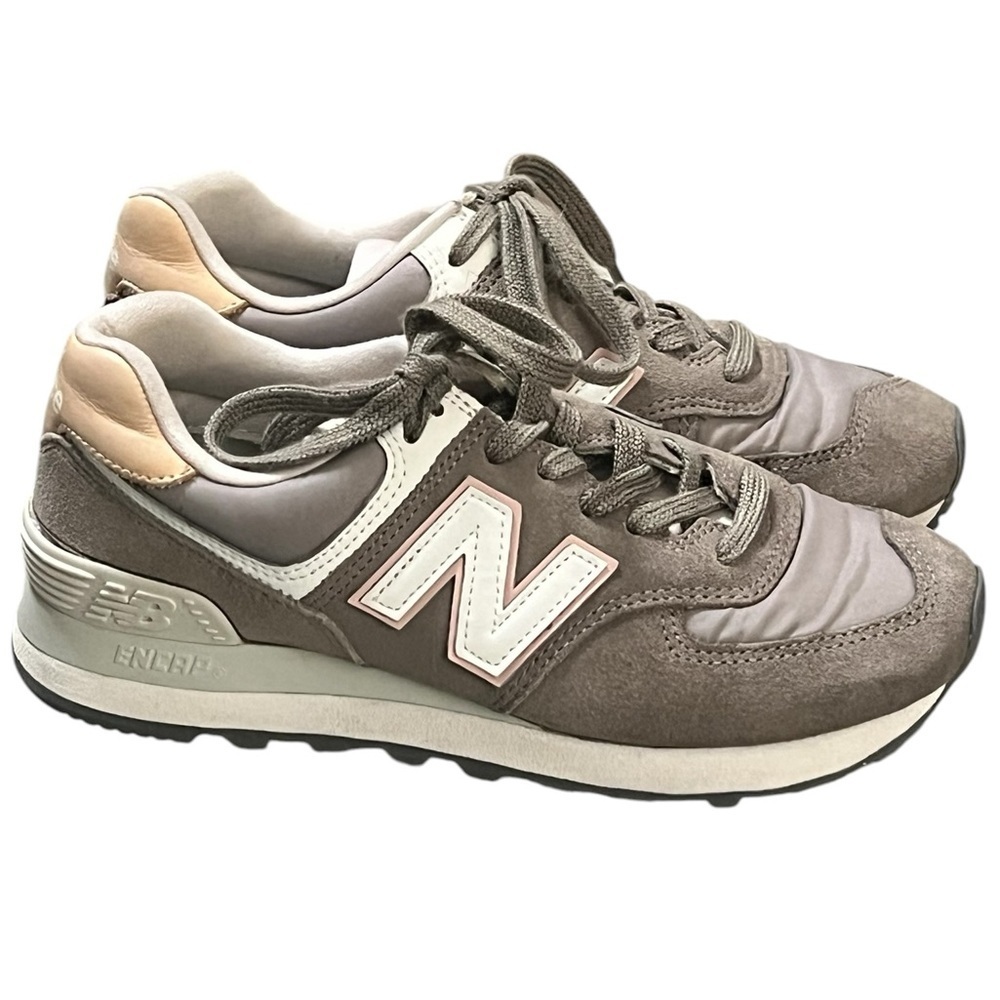 New Balance 574 women’s gray, beige, and pink suede lace up sneakers